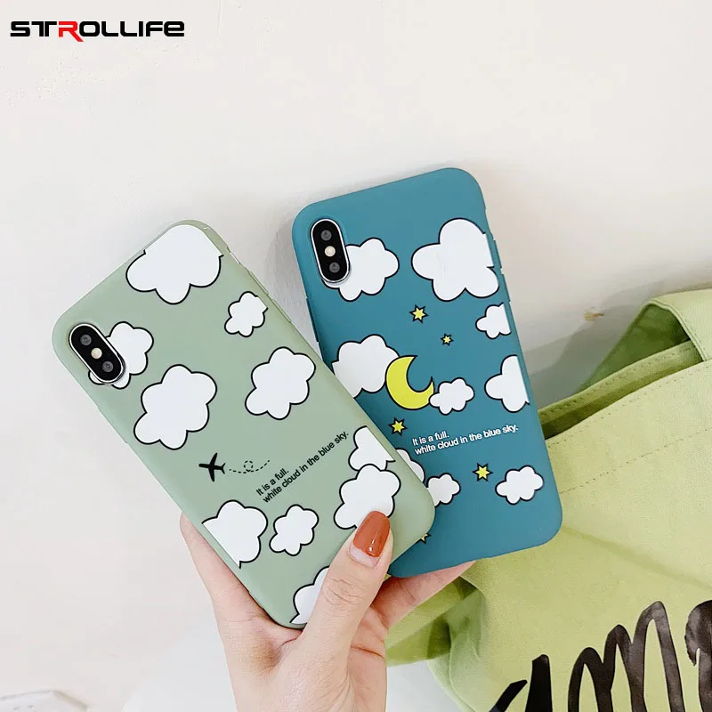 STROLLIFE Cute Cartoon White Clouds Phone Case for IPhone XS Max XR Moon Cover 6 X 7 8 Plus Matte Soft TPU Back Shell |