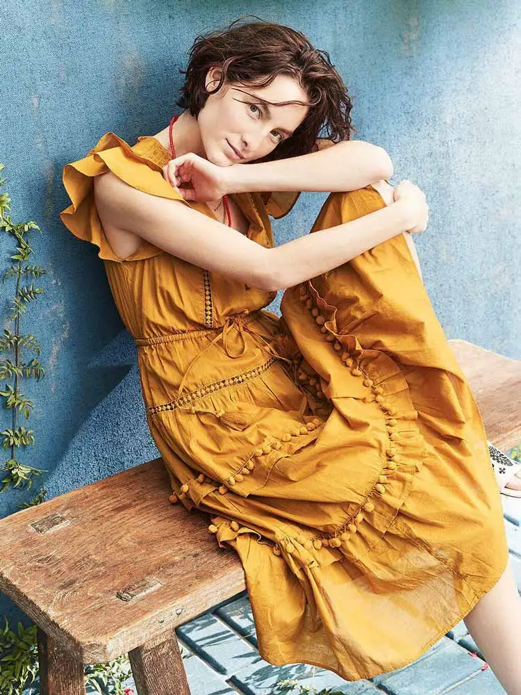 

BOHO INSPIRED flutter sleeve pom-pom summer dress tie-waist midi ruffle dress cotton yellow boho dress 2019 casual women dress