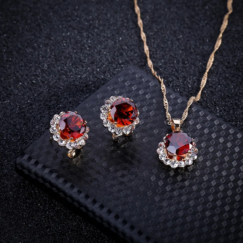 

UFOORO Birthstone Bridal wedding set New Romantic Charm Royal blue Cubic Zirconia round Necklace clip Earrings Wedding Set