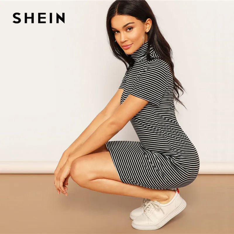 

SHEIN Spring High Neck Black and White Striped Mini Pencil Dress Women Casual Fitted Stretchy Short Sleeve T Shirt Dress