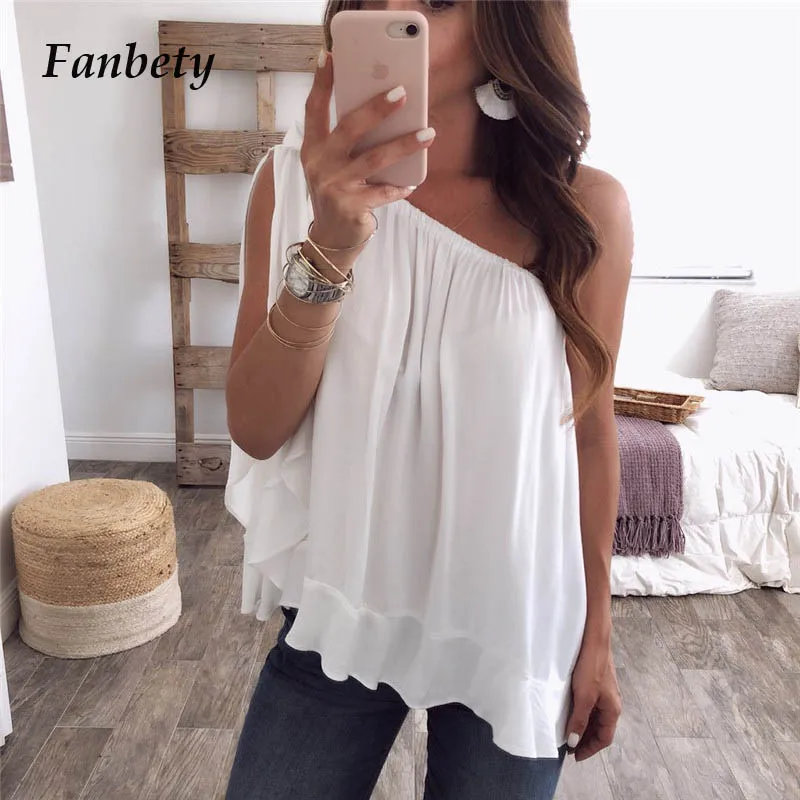 Fanbety Women Sexy One Hand Sleeve Chiffon Blouses 2019 Summer Elegant Skew Collar Bow Tie blusa Lady Off Shoulder beach tops