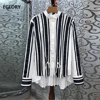

100%Cotton Blouses 2019 Autumn Fashion Striped Shirt Women Stand Neck Drawstring Waist Long Sleeve Shirt Ladies Casual Tops