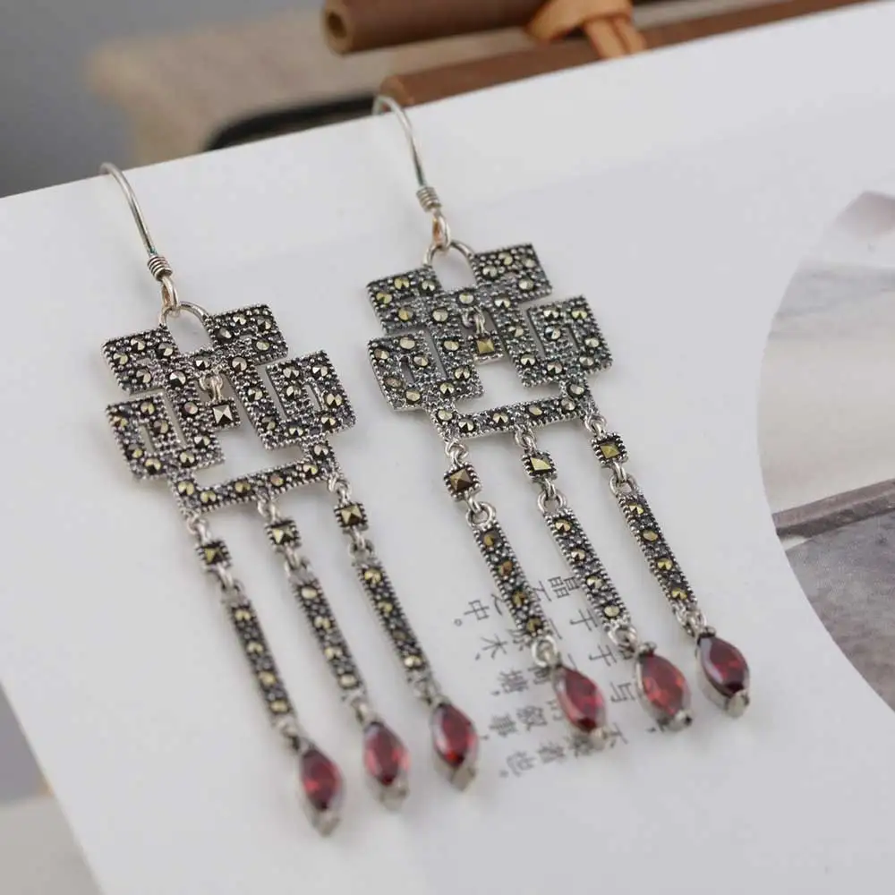 

FNJ 925 Silver Tassel Earrings for Women Jewelry Red Zircon Stone 100% S925 Sterling Silver boucle d'oreille Drop Earring