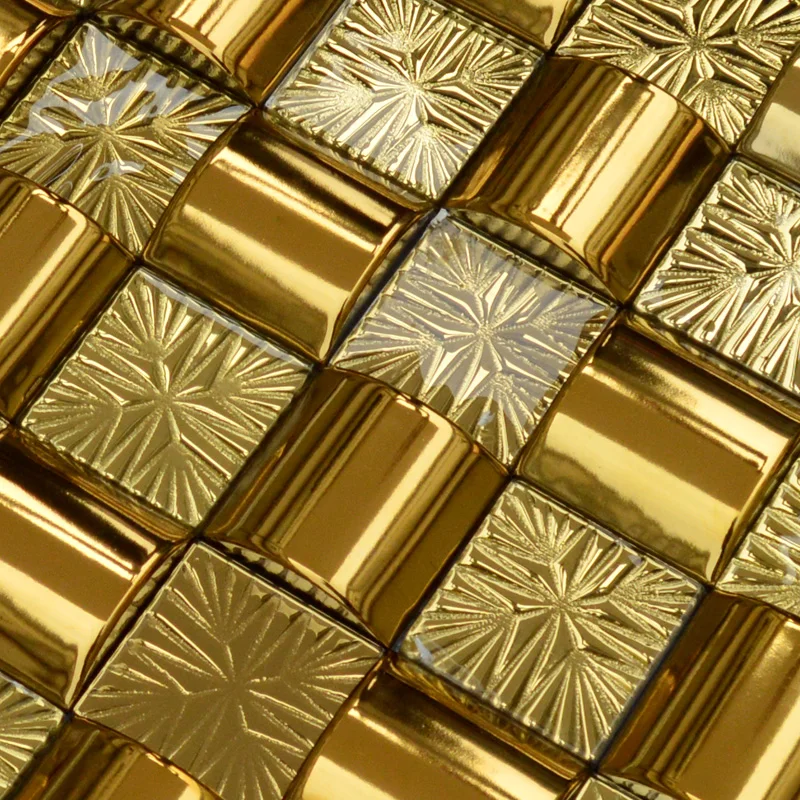 

Deluxe Golden Tile Arched Electroplate Ceramics mix Snowflake Crystal Glass Mosaic Tile for Upright Column Signboard Front Desk