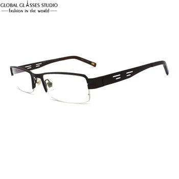 

Rectangle Lens Half Rim Metal Eyeglass Men Brown Color Hollow Temple Flex Hinge Business Eyewear RM00461-C7