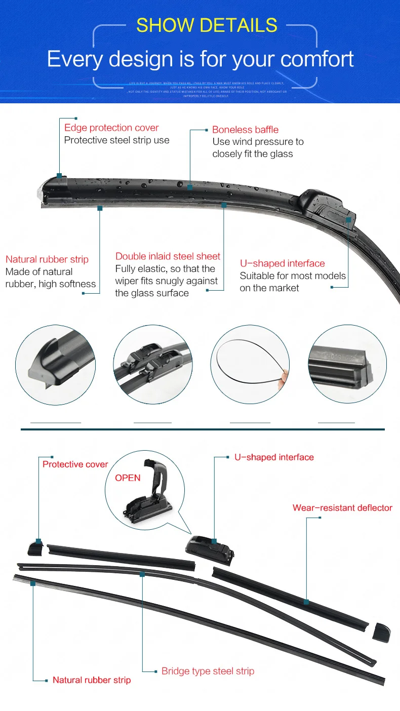 Лезвия очистителей лобового стекла автомобиля u-типа Универсальный мягкий резиновый Бескаркасный Bracketless автомобильные дворники 1" 16" 1" 18" 1" 20" 2" 22" 2" 26"