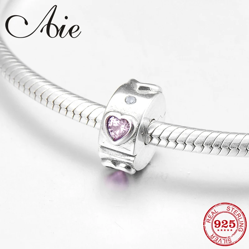 

Fashion pink CZ heart 925 Sterling Silver DIY fine round clips Lock beads Fit Original Pandora Charm Bracelet Jewelry making