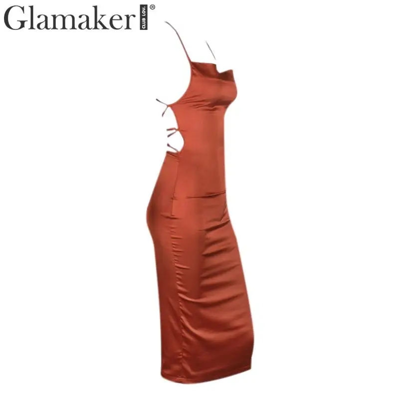 Glamaker сатиновое платье с бретелькой через шею, на шнуровке, с v-образным вырезом, тонкое платье миди, женское платье с открытыми плечами и открытой спиной, облегающее платье, женское элегантное сексуальное летнее платье