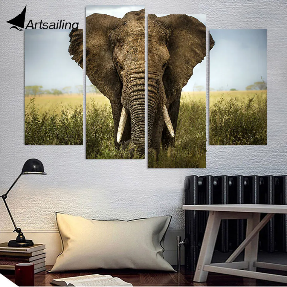 4 Panel Canvas Art Canvas Painting Elephant Grass HD Printed Wall Art