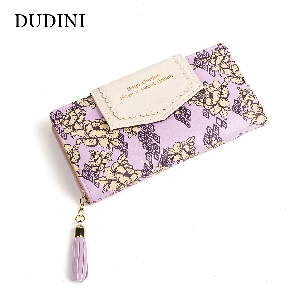 DUDINI Fashion Korean Women Wallet Envelope Hasp Hit Color Printing Lace Tassel Zipper Long