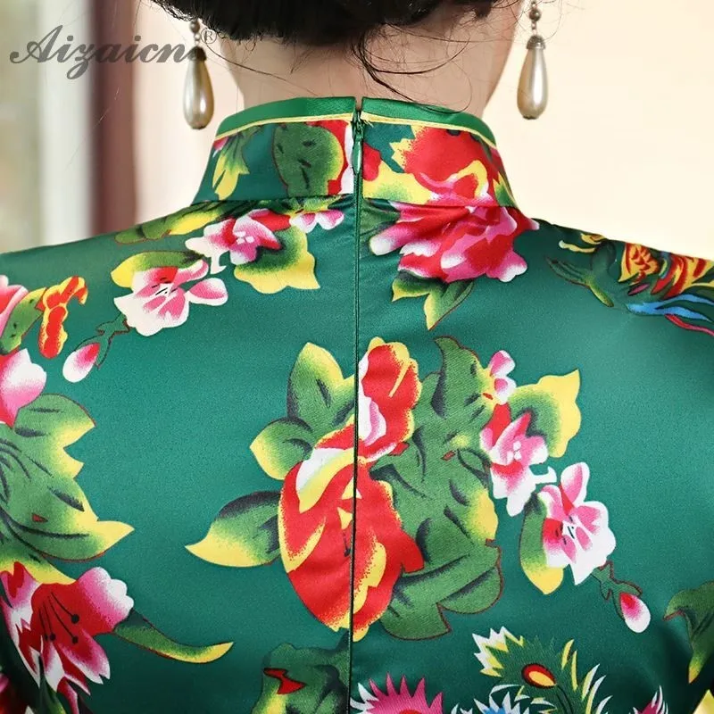 2019 новые летние печати Длинные Cheongsam современный Chinoise Зеленый Мать Ци Пао для женщин китайское традиционное платье Женская Роба в