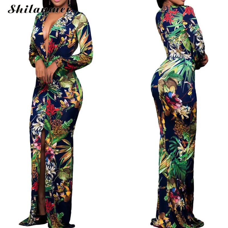 Buy Cheap long sleeve dress winter women christmas apparel tropical floral print girls Mother of Bride long maxi bodycon club party dress