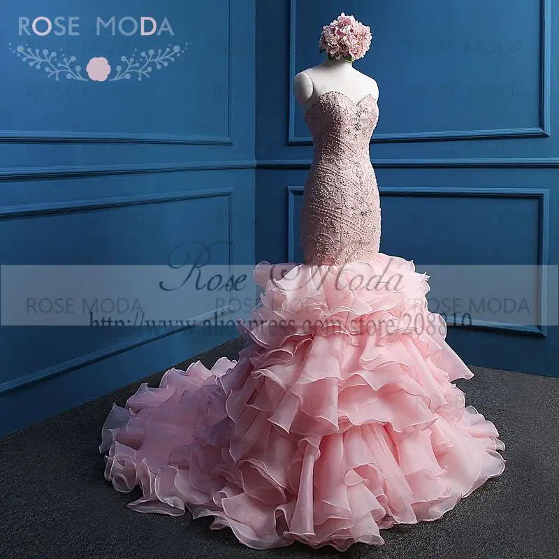 Розовое Moda Румяна розовое свадебное платье с большим количеством бусин Кружева Русалка Свадебные платья Vestidos de Noiva реальные фотографии