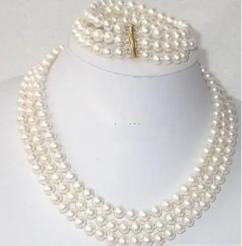 

Free Shipping >>>>>triple strands 8-9mm white south sea pearl necklace bracelet 18-20 7.5-8" 14k