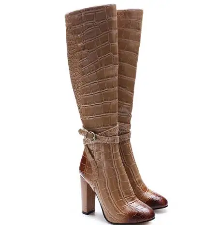 

2018 new autumn and winter crocodile pattern knee high boots Fashion round toe chunky high heel long boots Ladies zipper boots
