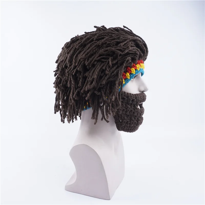 Wig Beard Hat  Caveman Bandana Handmade Crocheted Winter Men's Halloween Costume Funny Birthday Gifts