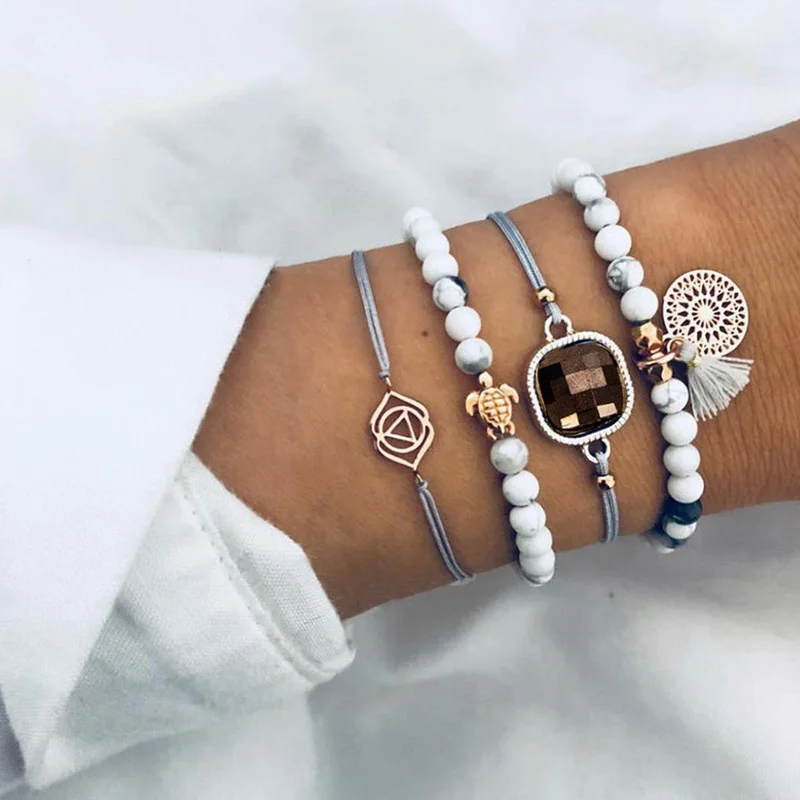 

4 Pcs/Set Boho Carving Turtle Round Dream Catcher Tassel Bead Gem Leather Multilayer Bracelet Women Exquisite Party Bracelet Set