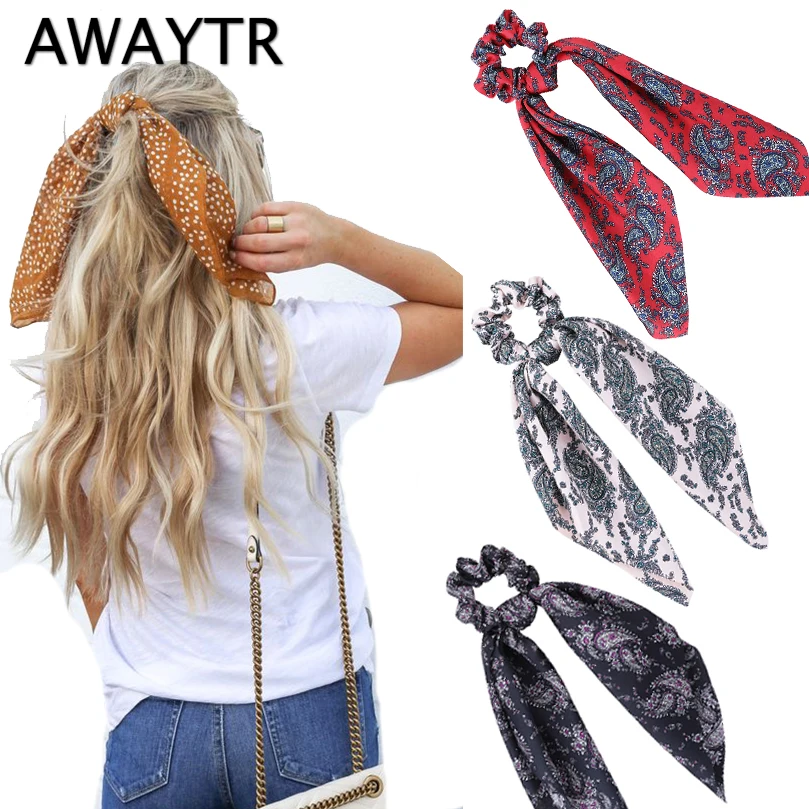 

AWAYTR New Fashion Sweet Print Scrunchie Women Ribbon Elastic Hair Band Bow Scarf Hair Rubber Hair Ropes Girls Hair Accessories