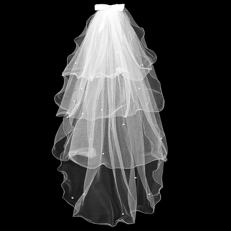 Простой для женщин четыре слоя тюлевые Свадебные вуали с фата невесты на гребне для невесты Mariage свадебные аксессуары ленточный Край Жемчуг