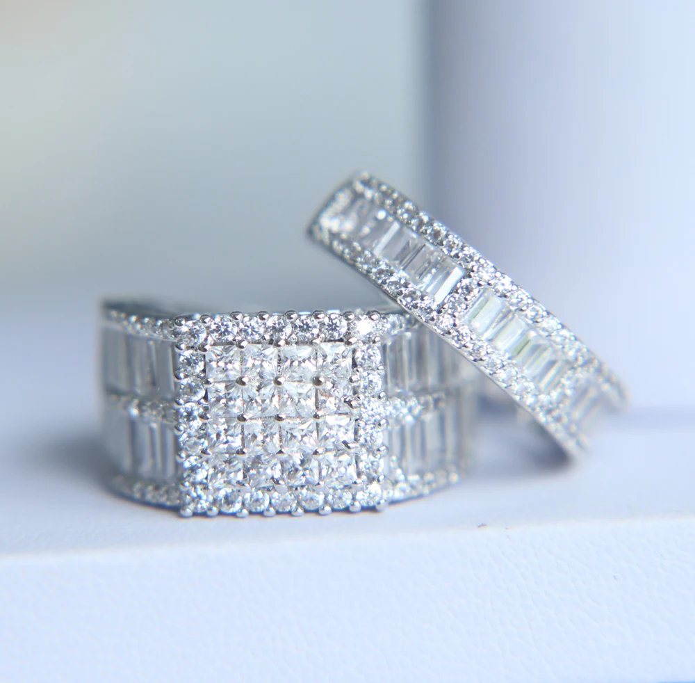 

2017 luxury square cubic zirconia set of two high quality AAA cubic zirconia silver color wedding engagement couple ring
