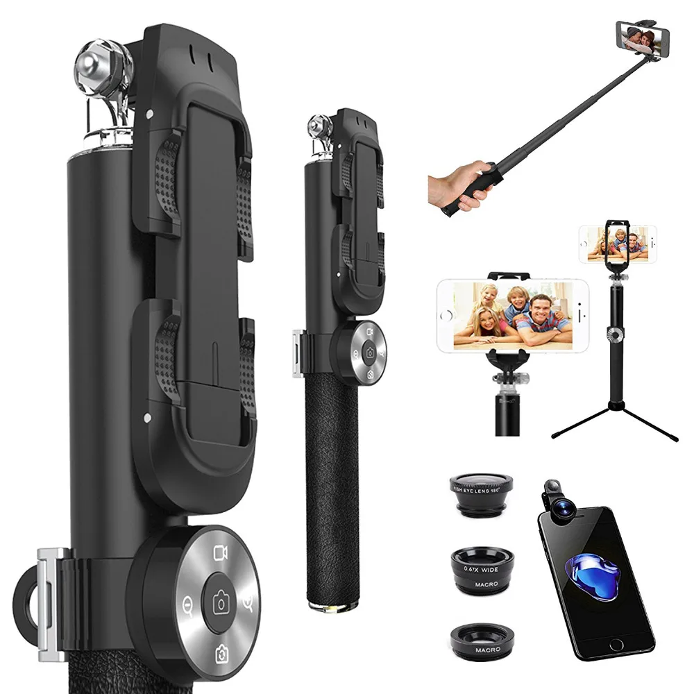 

Three Awesome Lens+Extendable Handheld Detachable Remote Wireless Bluetooth Self Portrait Monopod For iPhone X 8 7/Z2 NOTE 9 8 +