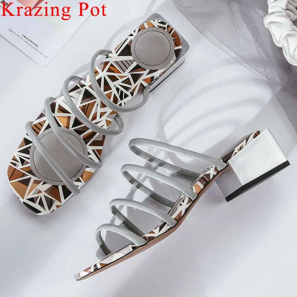 

Krazing Pot art design peep square toe chunky med heels slip on mules mixed colors women sandals young girls summer shoes L68