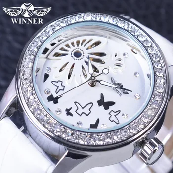 

Winner White Diamond Design Women Fashion Casual Dressing Female Skeleton Design Mechanical White Leather Watch Wrist Watch