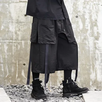 

Men Fashion Show Casual Japan Streetwear Kimono Skirt Pant Male Loose Wide Leg Pants Punk Gothic Hip Hop Ribbon Harem Trousers