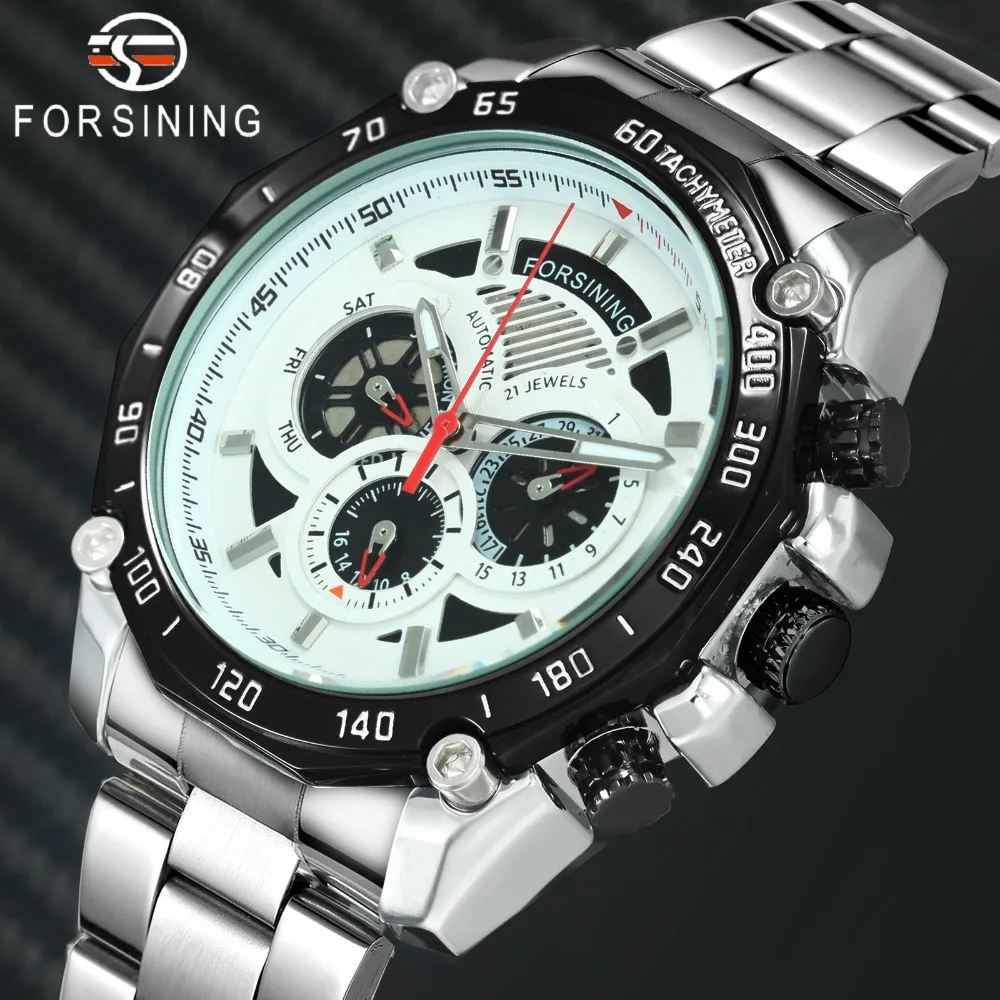 

FORSINING Sports Fashion Auto Mechanical Mens Watches Top Brand Luxury Working 3 Sub-dial 6 Hands Stainless Steel Strap Watch