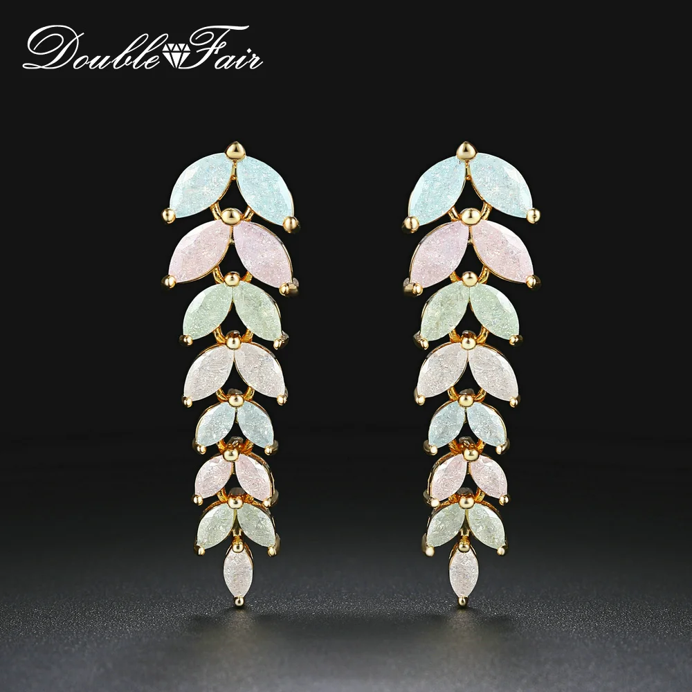 

Double Fair Ice Flower Stone Dangle Earrings For Women Leaf Light Gold Color Women's Drop Earring Fashion Jewelry Earings DFE067