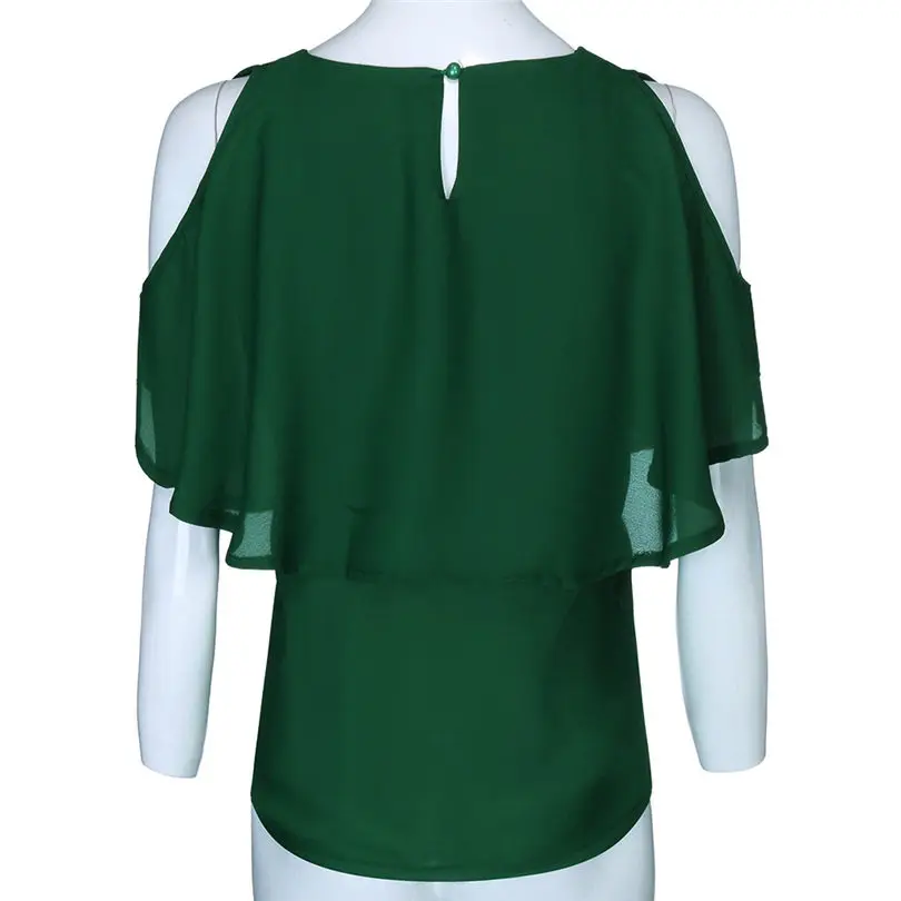 New Women Summer Fashion Office Ladies Elegant Vintage Solid O-Neck Cold Shoulder Overlap Blouse Ruffle Short Sleeve Top #4A23 (10)