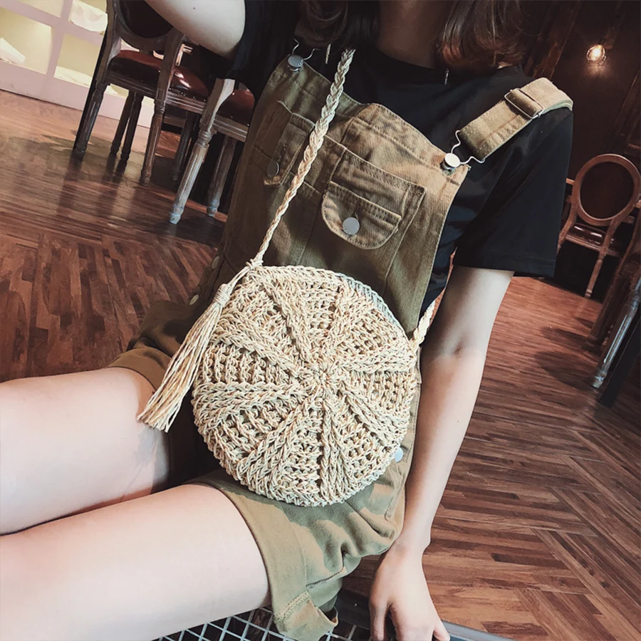 

Circular Straw Bag Vintage Bohemian Handmade Woven Beach Women's Handbags Summer Knitting Rattan Bag Shoulder Crossbody Bags