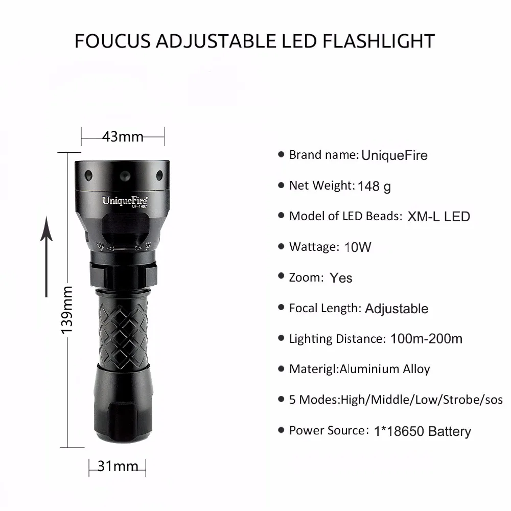 UniqueFire 1407 Mini XML LED Flashlight Torch 1200LM 5 Modes Adjustable Focus Lamp For 1x18650 Battery(Black) | Лампы и освещение