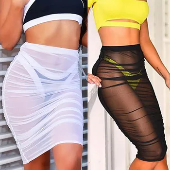 

Women Beach Skirt Solid Whit Black Mesh Beach Cover Up Skirt Lady Chiffon Beachwear Short Sexy See Through Sundress Beach Dress