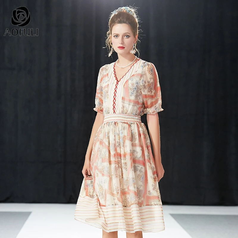 

AOFULI L- 4XL 5XL Elegant print pattern chiffon dress mid-calf length wavy V-neck collar elatic waist summer thin dresses A4057