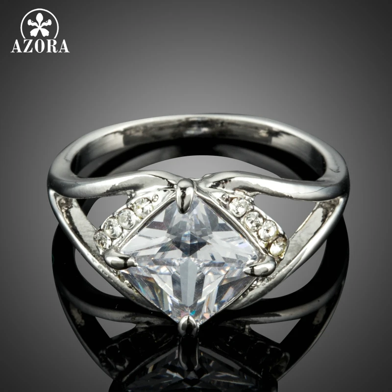 

AZORA Exclusive White Gold Color Rectangle Cut CZ Zircon Engagement Rings Anillos Mujer TR0177