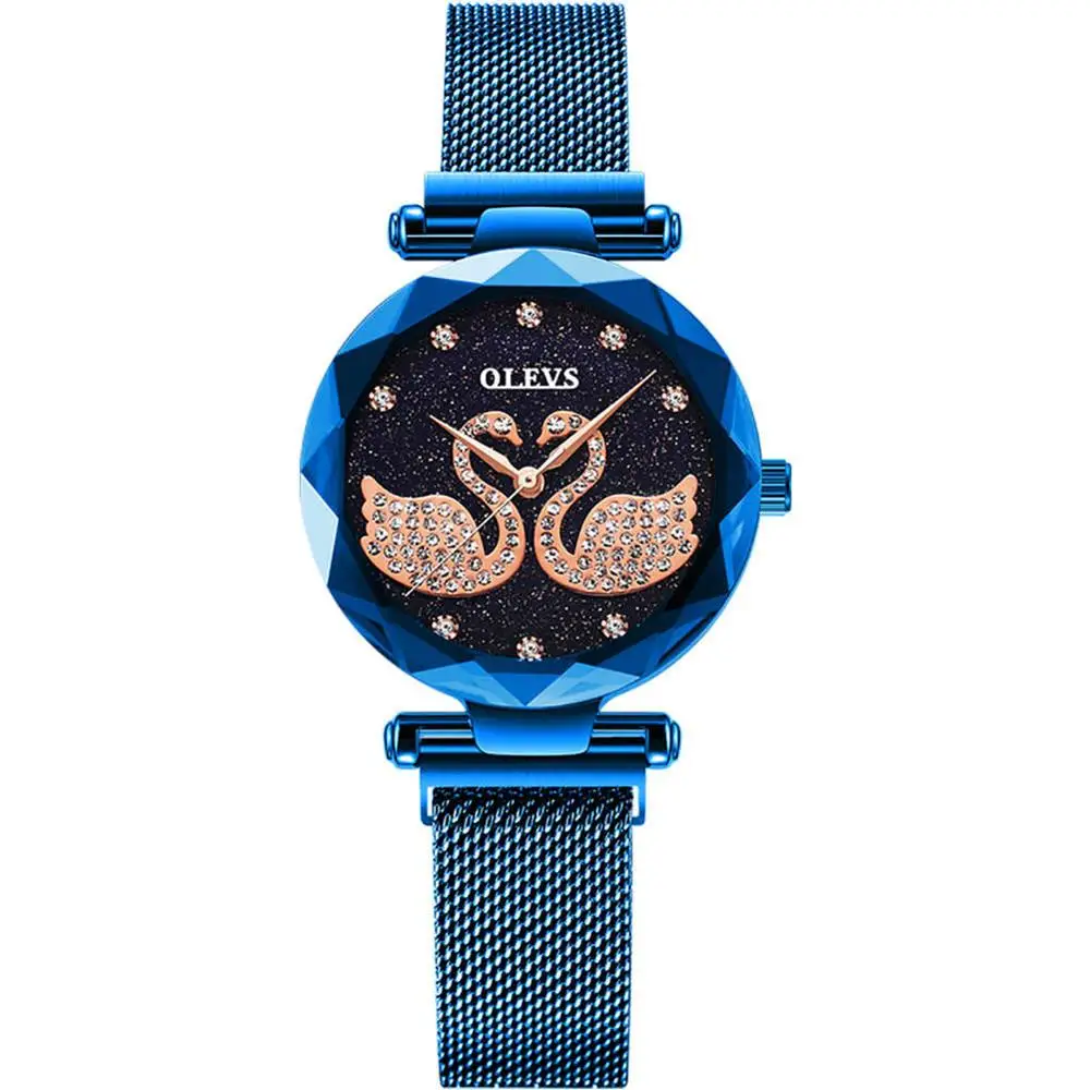 Горячая Montre Femme кварцевые женские часы Звездное небо Алмазный розовое золото Сталь женские часы с магнитной пряжкой фиолетовое платье женские часы Лебедь - Цвет: Blue ladies watch