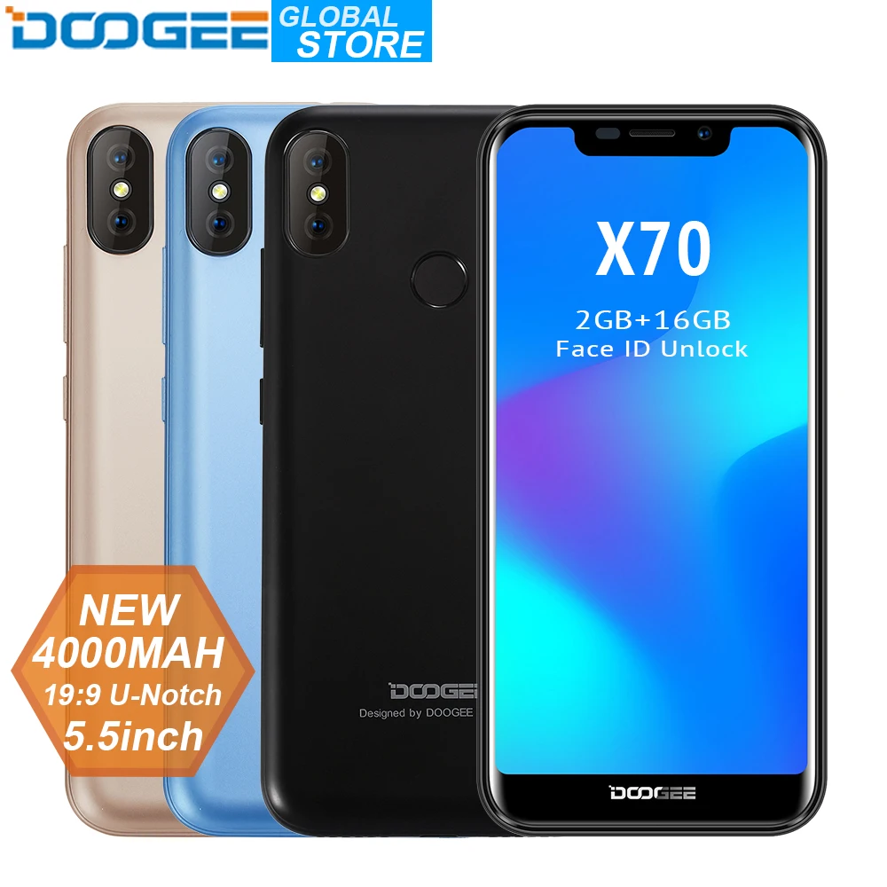 DOOGEE X70 смартфон Face Unlock 5,5 ''u-вырезка 19:9 MTK6580 4 ядра 2 Гб Оперативная память 16 Гб Встроенная память двойной Камера 8.0MP Android 8,1 4000 mAh