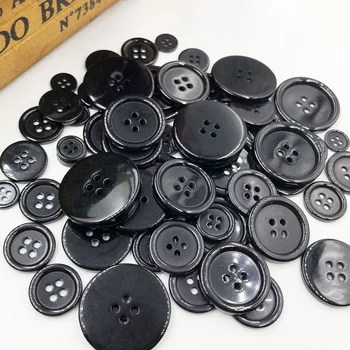 

50pcs 11/15/18/20/25/30mm Black Color Overcoat Plastic Button 4 holes Craft Sewing PT251