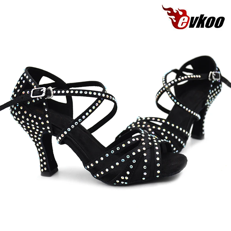 Evkoo танцы Professional Zapatos De Baile Latino Черный со стразами Высота каблука см 8 см для женщин костюмы для латинских танцев Salsa обувь Evkoo-412