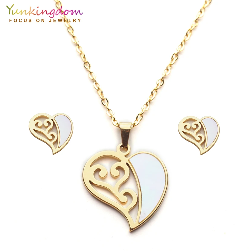 

Yunkingdom heart bridal jewelry sets for women stainless steel pendant stud earrings necklace anniverysary gift UE0263
