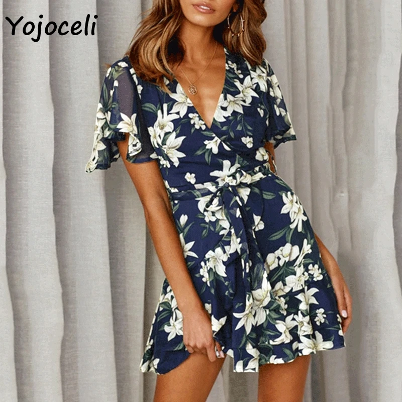 Yojoceli 2019 summer chic print dress v neck chiffon ruffle female bow mini boho beachwear | Женская одежда