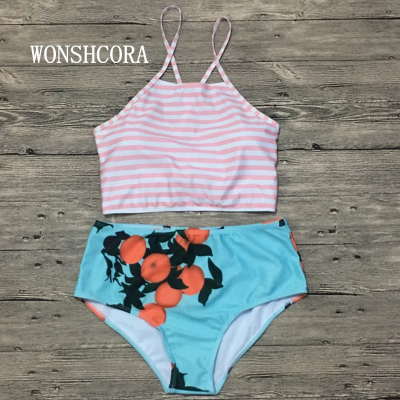 

High Waist Swimsuit Sexy Women Swimwear and Tankini Striped Beachwear Bikini Bandage Hot Sale Brazilian Bather Swimming Suit