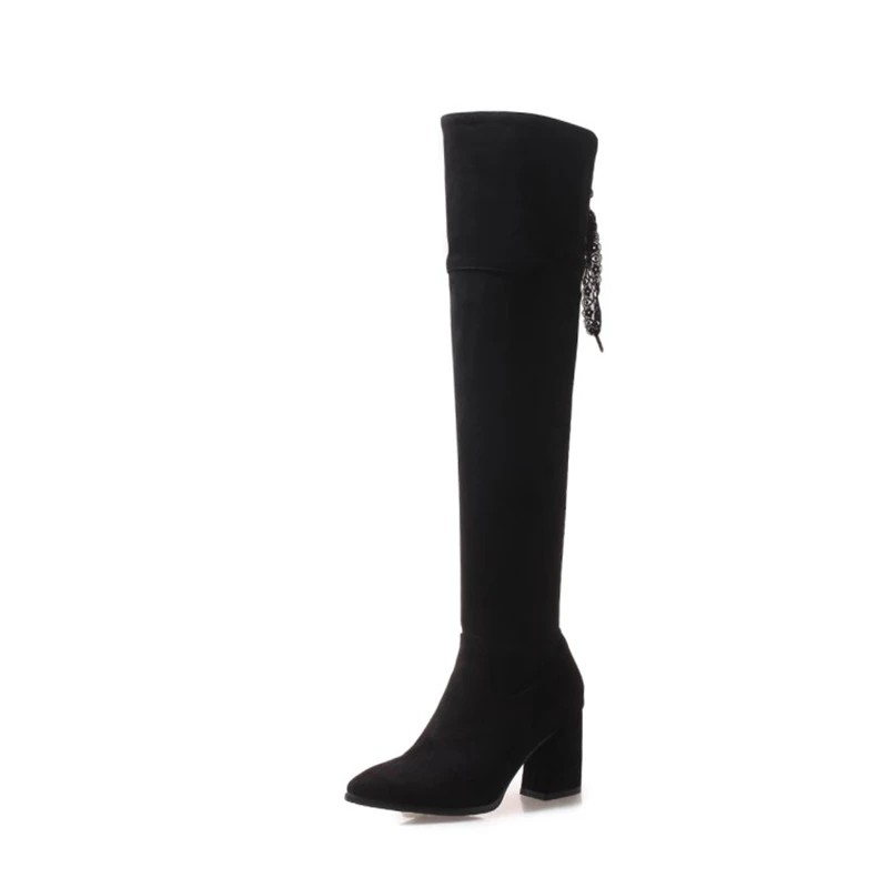 BLXQPYT/новые стильные сапоги выше колена, большие размеры 32-47 женская обувь замшевые высокие сапоги до бедра с острым носком на высоком каблуке, вечерние сапоги 218-26 - Цвет: Черный