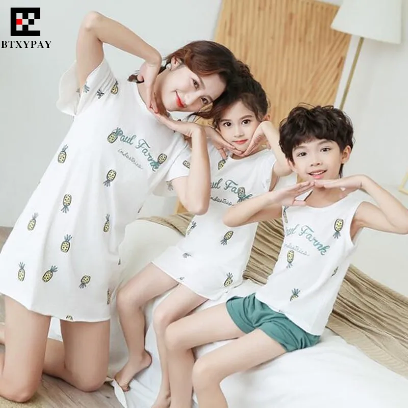 100p Summer Parent-child Sets (Vest+Shorts) Kids Boy&Girl Family Matching Outfits,Mother&Daughter Dresses Son Home Shorts Tops