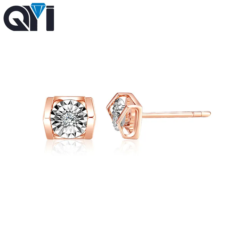

QYI Round Cut Solid 18k Rose Gold 0.02Carat Solitaire Diamond Wedding Stud Earrings Statement Promise Jewelry