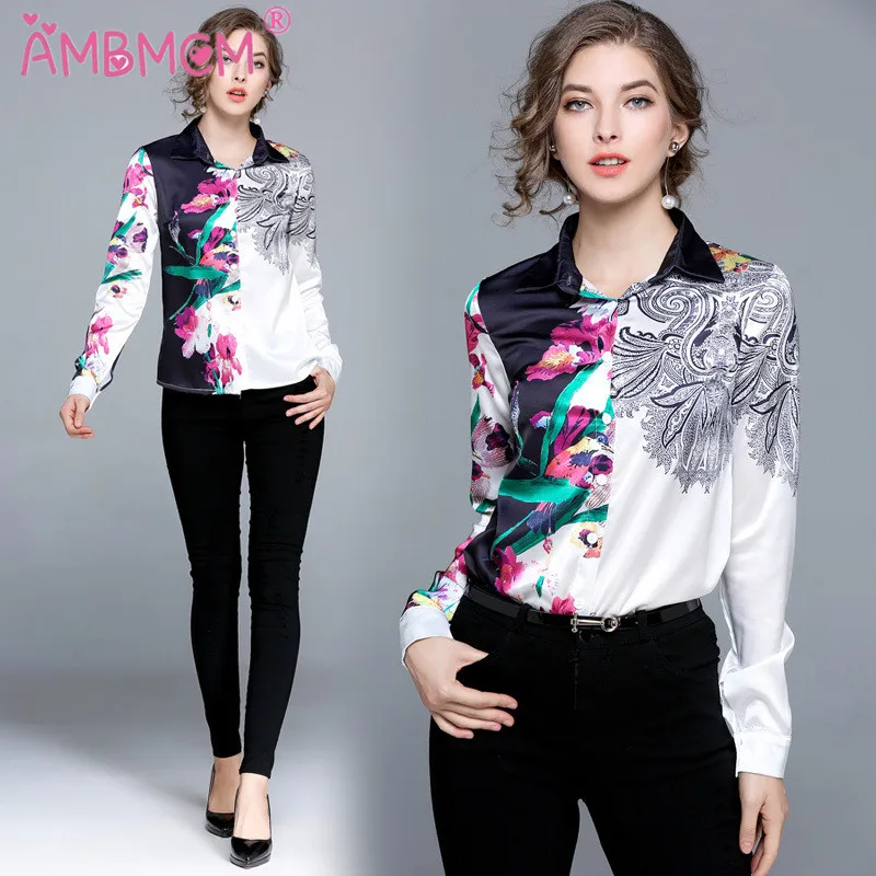 

Brand Designer Black and White Flower Print Shirt Casual long-sleeved Women Blouse Shirt 2018 Spring New ladies Shirt AMBMCM