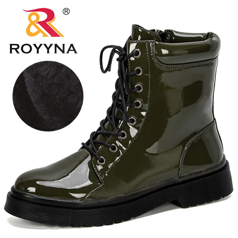 

ROYYNA 2019 New Designers Patent Leather Ankle Short Casual Botas Women Non-Slip Western Boots Cowboy Boots Motorcycle Ladies