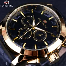 Forsining 2016 Rétro De Mode Designer Trois Cadran Décoration Véritable En Cuir D’or Hommes Marque De Luxe Automatique Mécanique Montres
