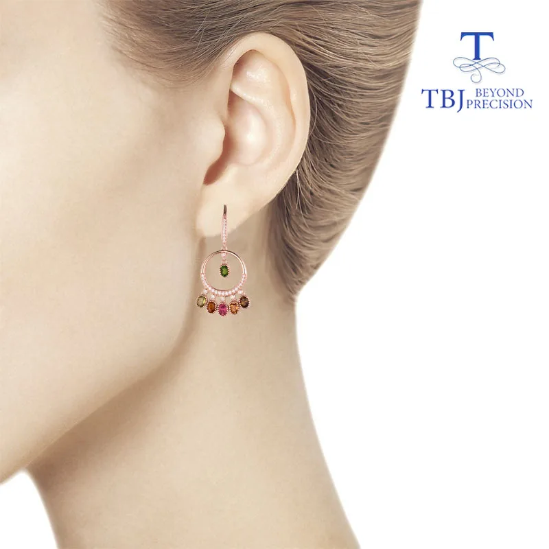 TBJ,High quality natural multi-color tourmaline 925 sterling silver hook earring for girl birthday party or daily wear nice gift